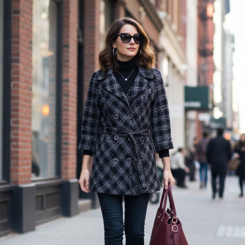 Belted Jacket Black Plaid Ruffle Double Breasted Y2K Academia Prep Women Medium
